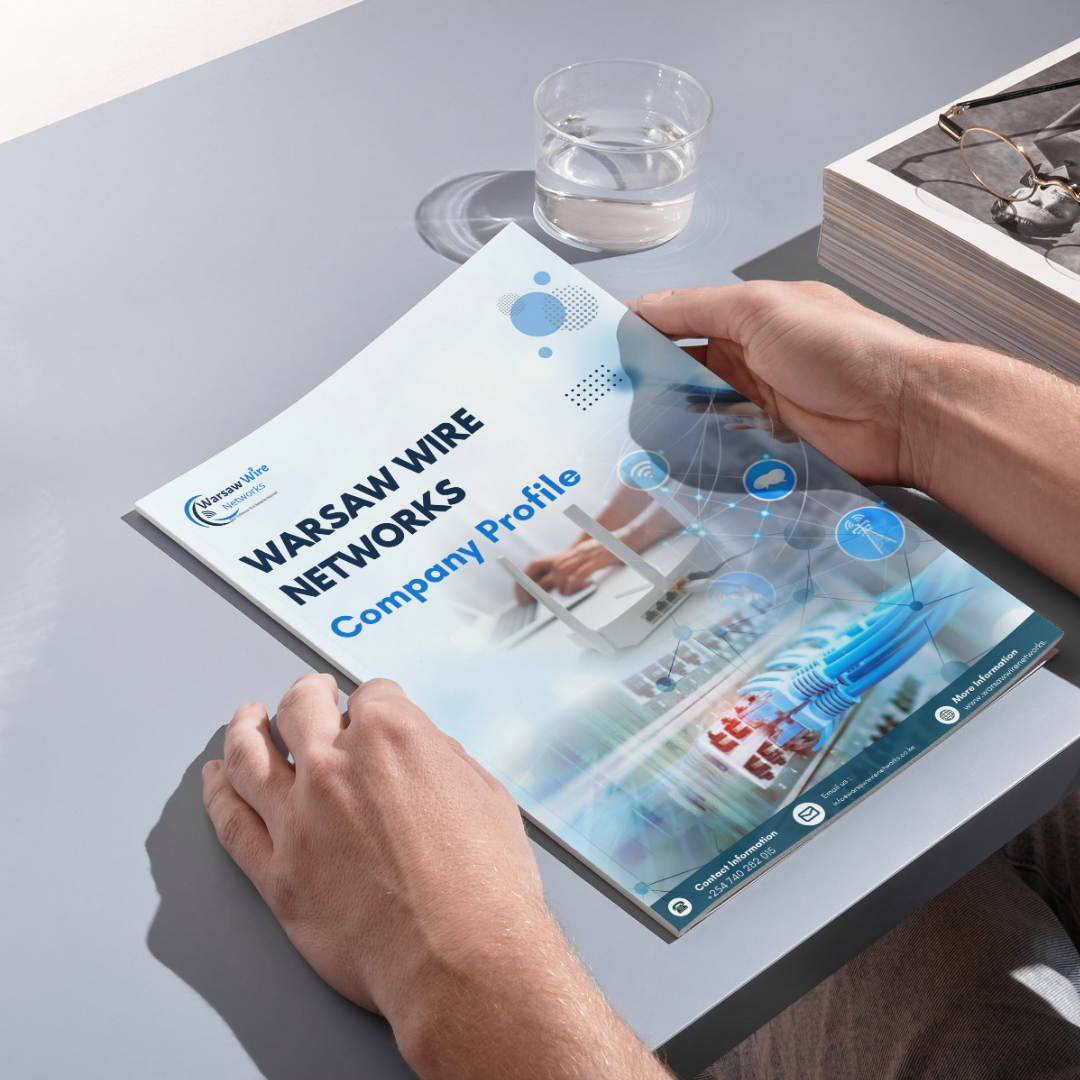 Open company profile booklet with editorial layout