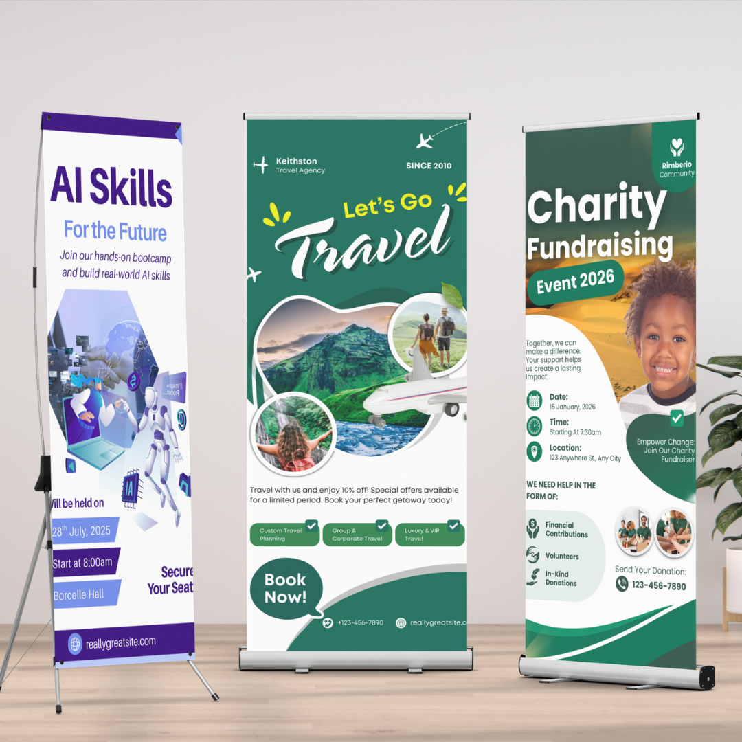 Roll-up banner on a stand at an exhibition